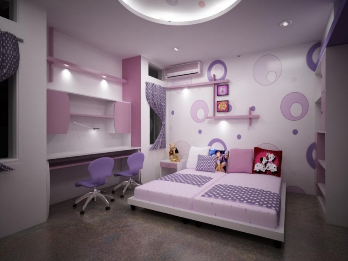 Cute Room Color Ideas with Purple Wallpaper and Chair also Pink Furniture Colorful children room inspiration 2015 