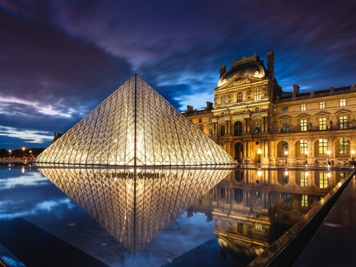 France, Paris, Louvre Museum, architecture, pyramid, night, water, lights wallpaper 1024x768