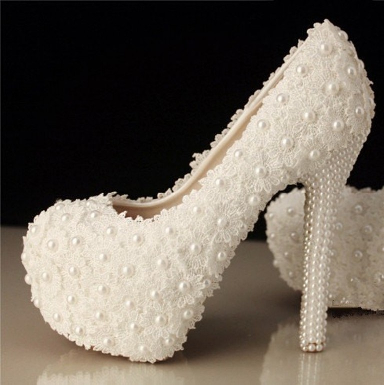 2014 Handmade Ivory Lace Wedding Shoes, white lace Pearl leather Wedding High Heels