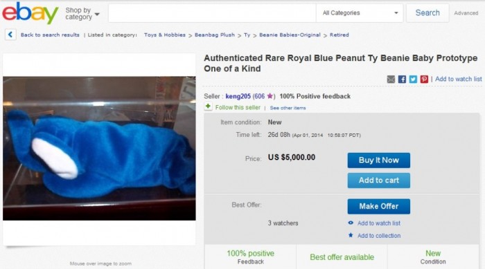 Authenticated Rare Royal Blue Peanut Ty Beanie Baby Prototype One of a Kind