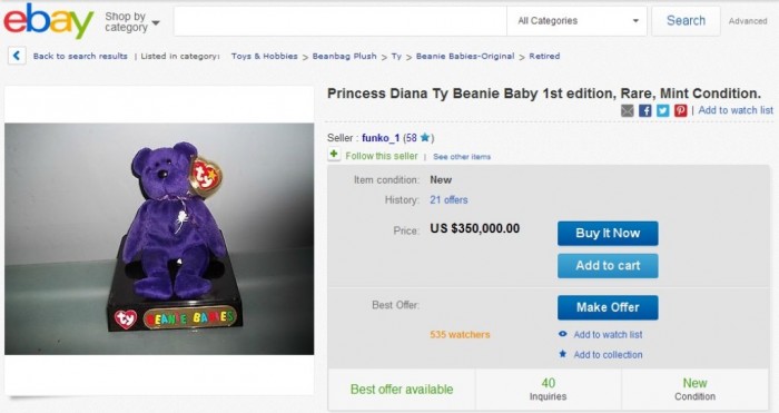 Princess Diana Ty Beanie Baby 1st edition, Rare, Mint Condition.