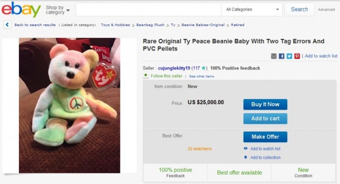 Rare Original Ty Peace Beanie Baby With Two Tag Errors And PVC Pellets