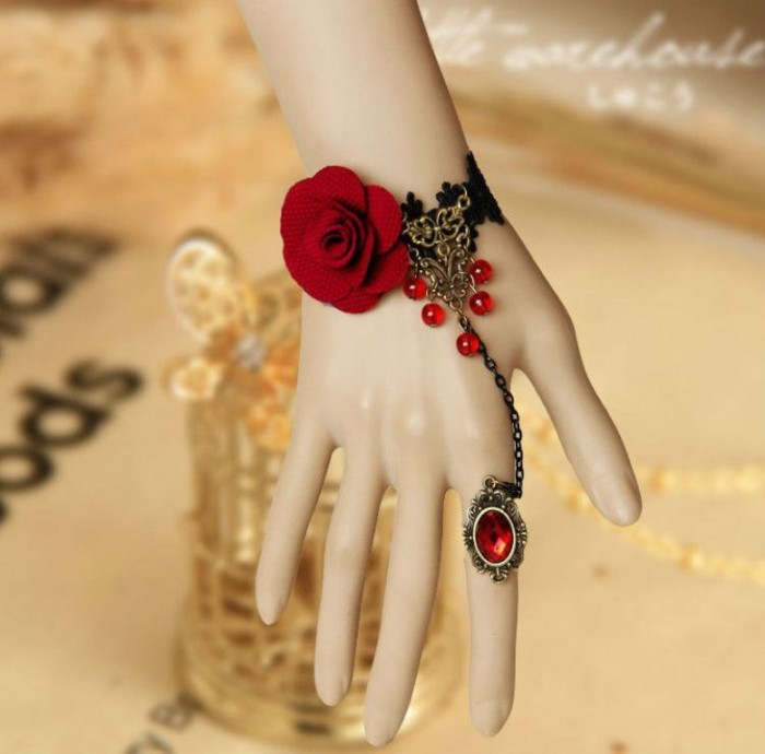 free-shipping-lolita-jewelry-fairy-vintage-black-lace-bracelets-rose-ring-for-women