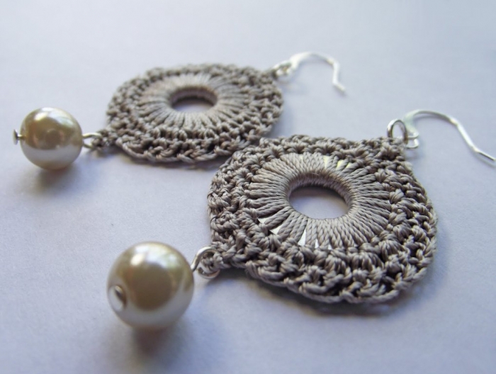 Tan Silk Crocheted Pearl Earring Rounds 5