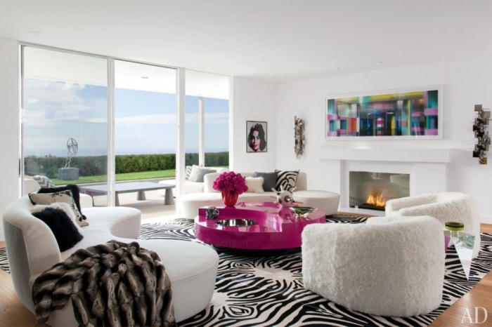 suzy-q-better-decorating-bible-blog-zebra-rug-white-walls-green-sofa-pink-coffee-table-color-blocking-bold