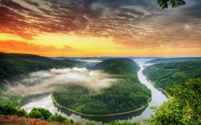 Germany water sunset clouds nature trees germany rivers saarschleife saarland evening