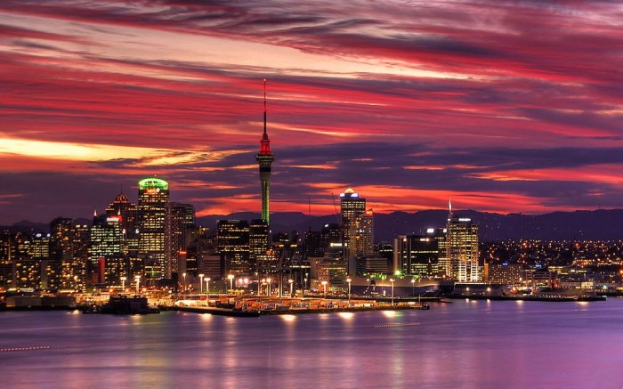 Auckland-Harbour-sunset,-New-Zealand