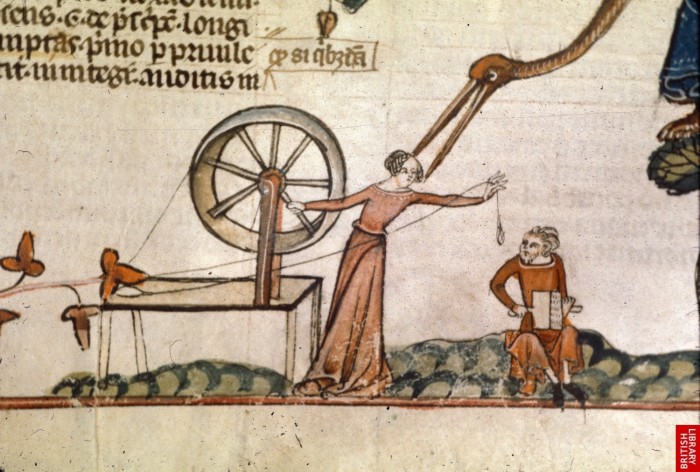 woman-at-spinning-wheel-with-man-carding-smithfield-decretals-british-library-royal-10-e-iv-fol-147v-c-1340
