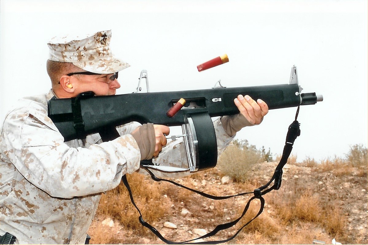 U.S. Marine Firing AA-12 Full-Auto Shotgun (AA12 Machine Shotgun)