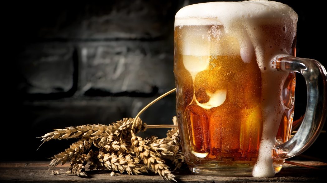 Light beer and wheat near brick wall