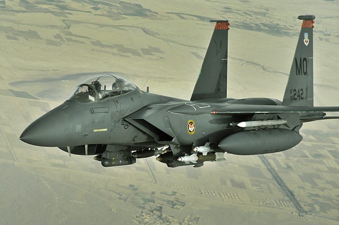 An F-15E Strike eagle conducts a mission over Afghanistan on Oct. 7. The F-15E Strike Eagle is a dual-role fighter designed to perform air-to-air and air-to-ground missions. An array of avionics and electronics systems gives the F-15E the capability to fight at low altitude, day or night, and in all weather. (U.S. Air Force photo/Staff Sgt. Aaron Allmon)