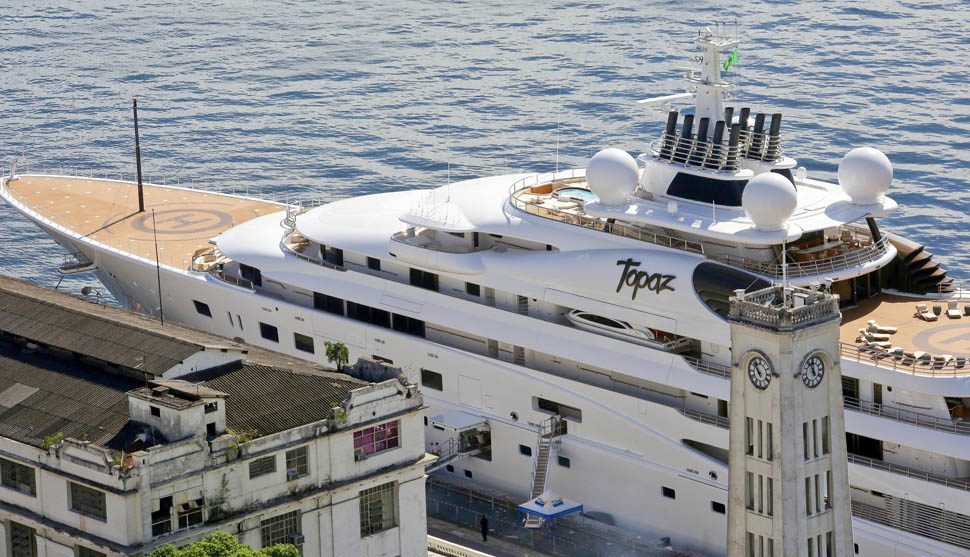 UK CLIENTS MUST CREDIT: AKM-GSI ONLY Hollywood star Leonardo DiCaprio traveled to Brazil to party with friends on a yacht for the coming World Cup, according the Brazilian local press. DiCaprio, the Oscar-nominated star, together with 21 of his friends, jetted into Rio de Janeiro to hold party on a luxurious yacht "Topaz"to watch the World Cup. Topaz, a 482-foot (147-meter) yacht that belongs to the owner of Manchester City football club, is believed to be the fifth largest yacht in the world. Pictured: General view Ref: SPL781107 120614 Picture by: AKM-GSI / Splash News Splash News and Pictures Los Angeles: 310-821-2666 New York: 212-619-2666 London: 870-934-2666 photodesk@splashnews.com
