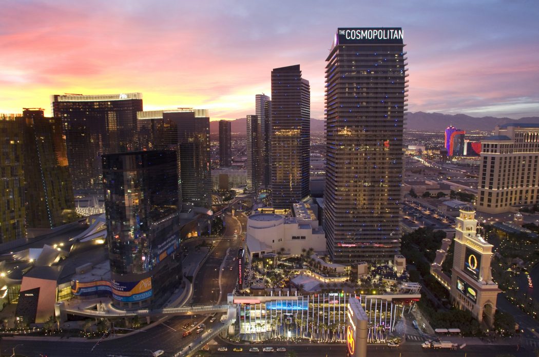 The Cosmopolitan of Las Vegas is shown at sunset in Las Vegas