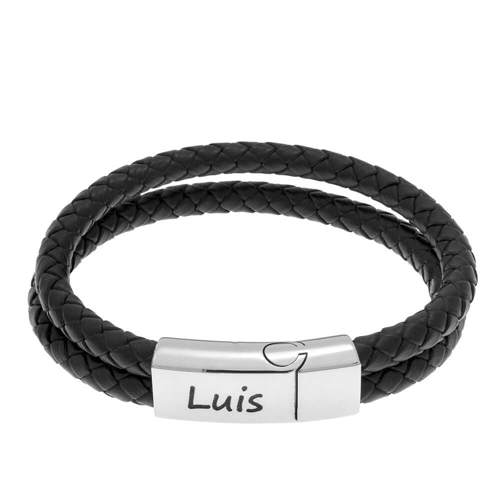 Engraved Bracelet For Men In Stainless Steel And Black Leather