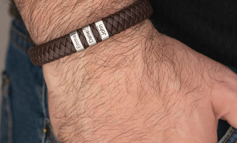Men's Leather Bracelet with Oval Name Beads