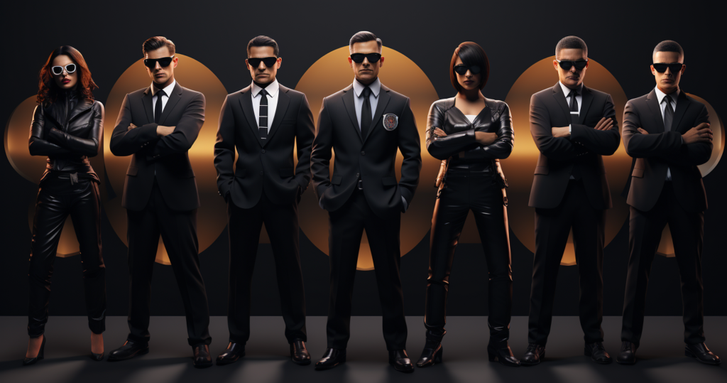 A group of men in suits representing secret agent organizations standing in front of an orange background.