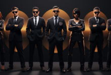 A group of men in suits representing secret agent organizations standing in front of an orange background.