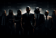 Secret agent organizations in suits standing in front of a dark background.