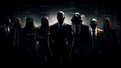 Secret agent organizations in suits standing in front of a dark background.