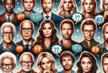 celebrities with thought bubbles containing question marks and IQ scores