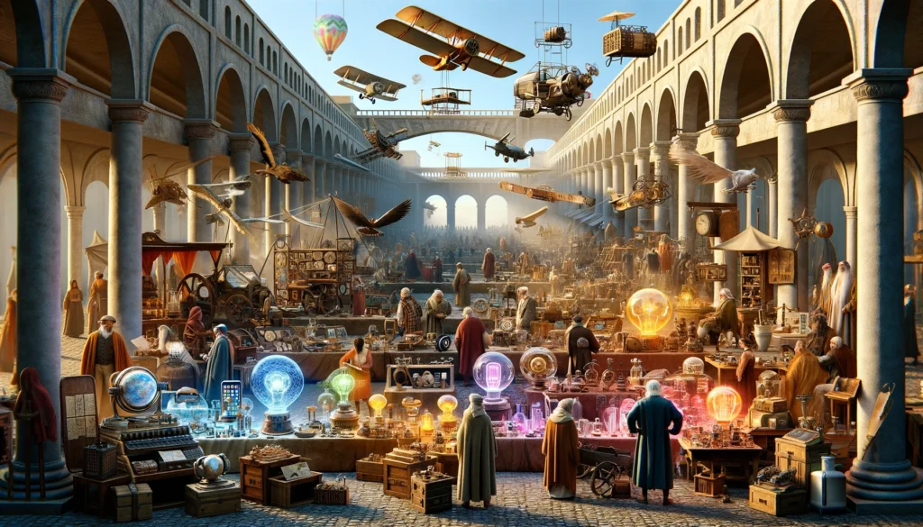 Ancient marketplace bustling with merchants and onlookers, showcasing cultural artifacts from various eras including early flight inventions and smartphones, under a clear blue sky.