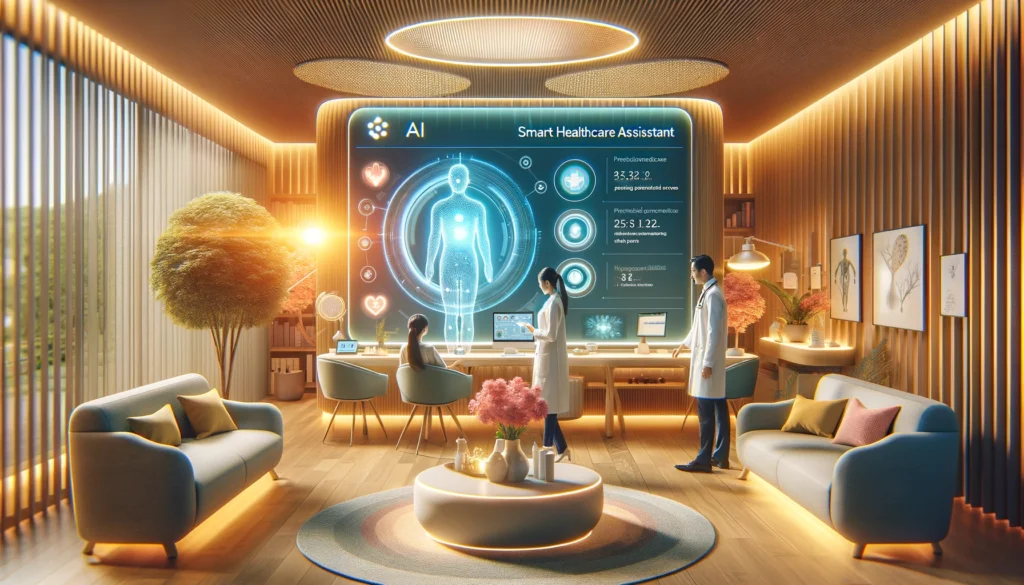 Modern healthcare setting with a patient interacting with an AI-powered smart healthcare assistant, displaying personalized treatment options.