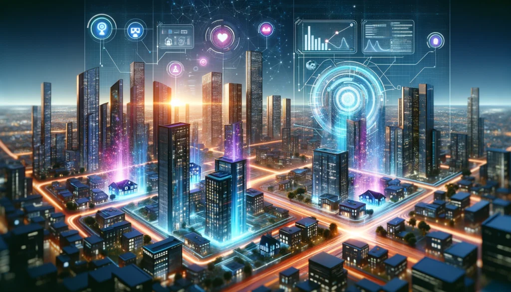 Futuristic cityscape with AI-driven smart buildings and holographic home displays, showcasing the impact of artificial intelligence on real estate market analysis and buyer preferences.