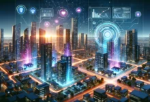 Futuristic cityscape with AI-driven smart buildings and holographic home displays, showcasing the impact of artificial intelligence on real estate market analysis and buyer preferences.