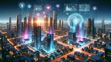 Futuristic cityscape with AI-driven smart buildings and holographic home displays, showcasing the impact of artificial intelligence on real estate market analysis and buyer preferences.