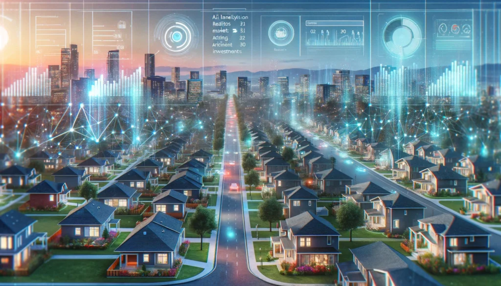 Residential area with AI-driven analytics optimizing property values and investment returns, featuring homes with digital data overlays.