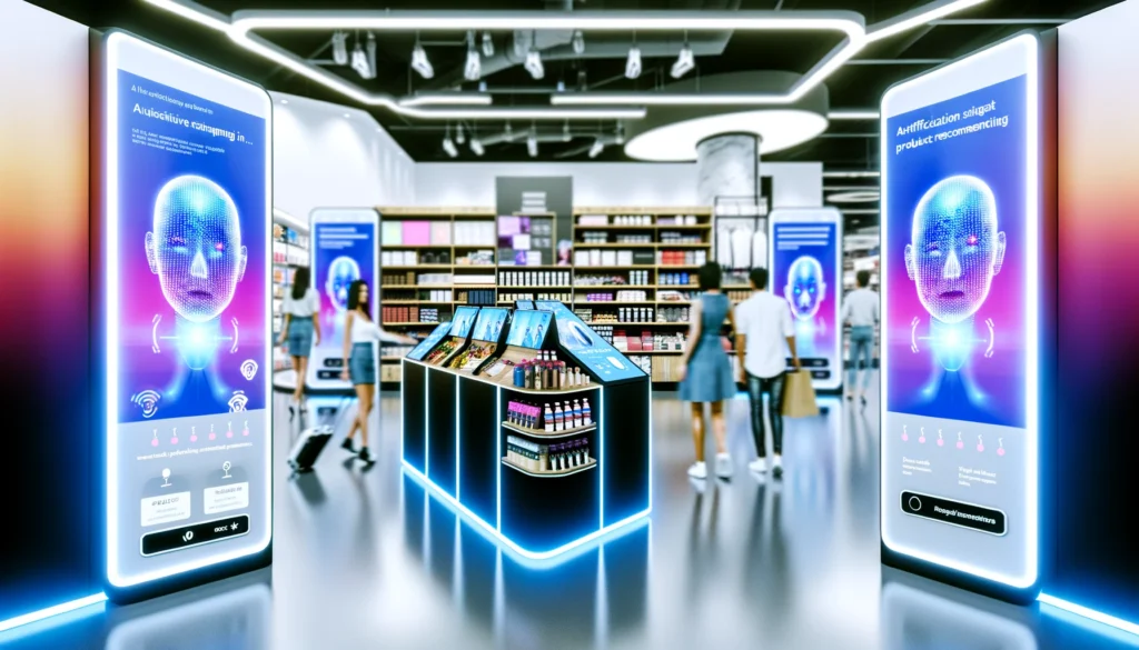 Futuristic retail environment with shoppers engaging interactive AI-powered displays for personalized product recommendations.