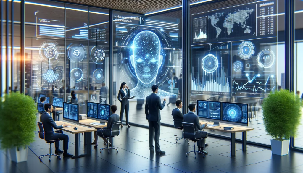 Sophisticated financial services environment with AI analyzing data for investment opportunities and risk assessments.