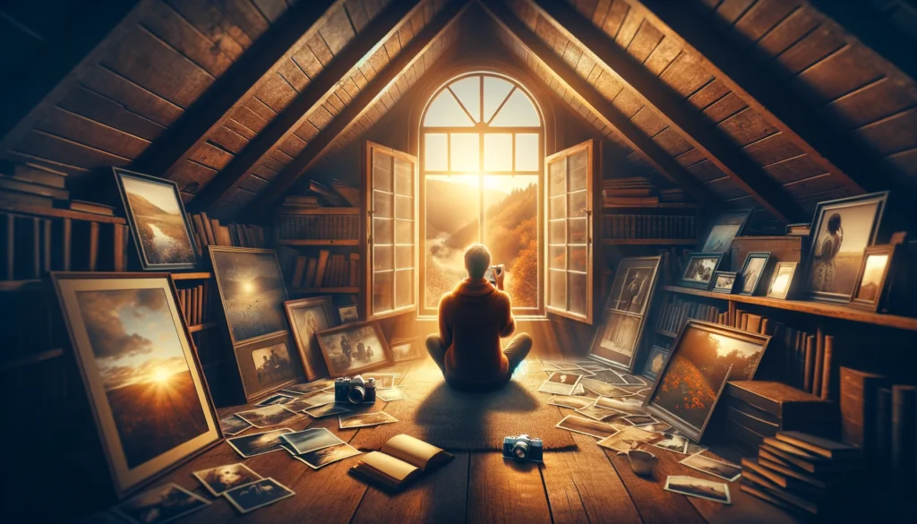 A person in a warmly lit attic surrounded by old photographs, symbolizing the discovery of photography therapy's emotional journey