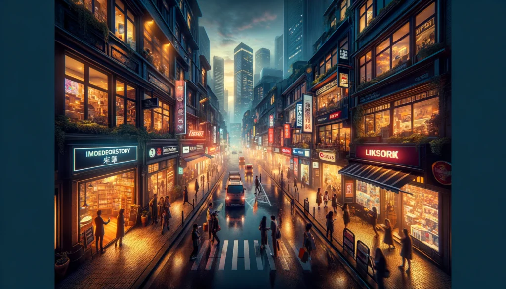 Bustling city street at dusk, illuminated by streetlights and neon signs, showcasing people engaging with brands in a lively urban setting