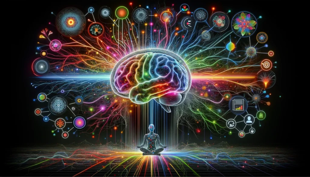 Human brain with vibrant neural networks processing visual stimuli represented by colorful imagery and icons.