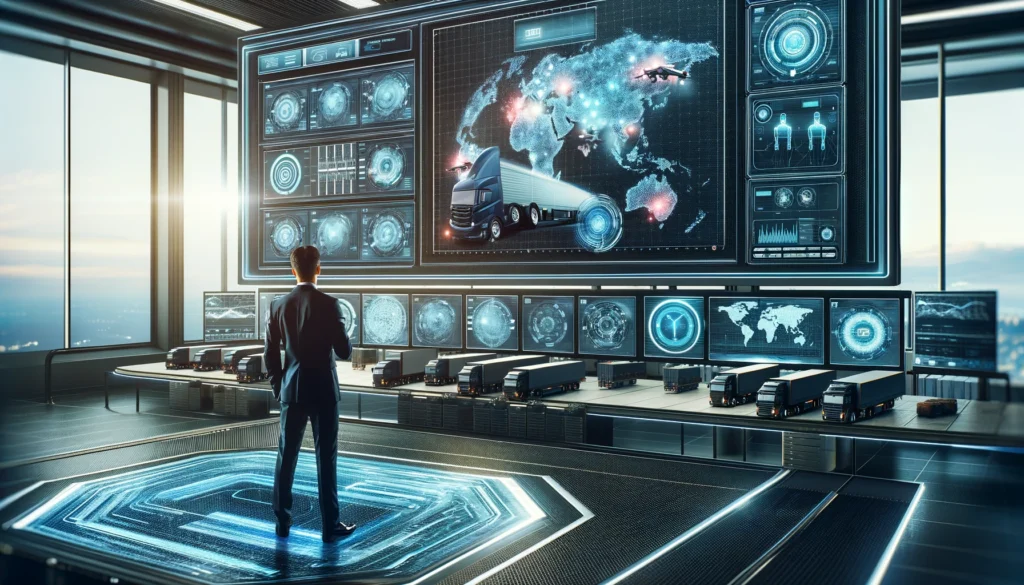 High-tech control room in car hauling industry with professional using AI interface for fleet management.