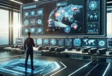 High-tech control room in car hauling industry with professional using AI interface for fleet management.
