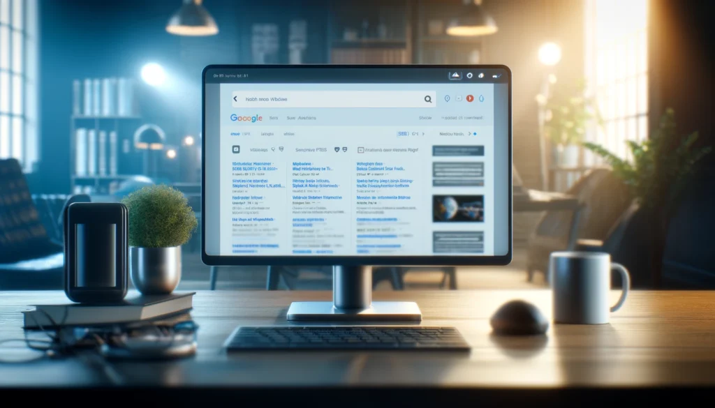 A modern computer screen showing a search engine results page (SERP) with various website links. The professional office background includes blurred elements like a coffee cup and office plants, highlighting successful SEO and link-building efforts.