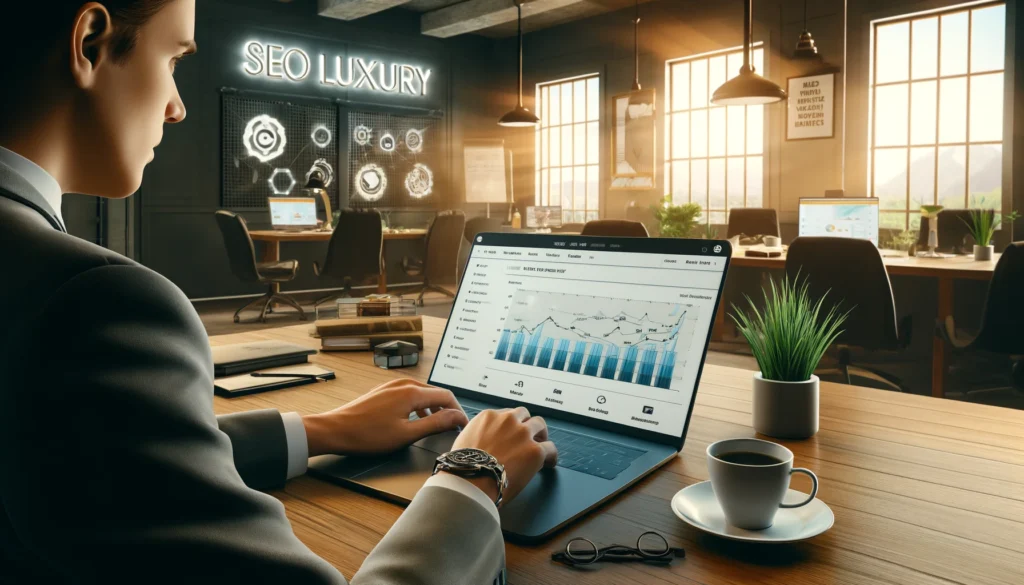A business professional working on a link-building campaign using SeoLuxury.com on a laptop. The modern workspace features graphs and analytics related to link building, with a tidy office environment, motivational posters, plants, and a coffee cup.