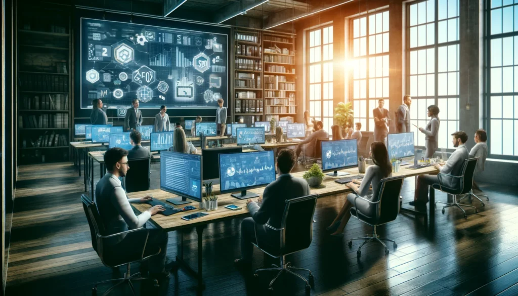 A diverse team of SEO specialists collaborating in a modern office. Multiple computer screens display graphs, analytics, and link-building strategies, with natural light streaming through large windows. Bookshelves and whiteboards filled with SEO notes and diagrams are in the background.