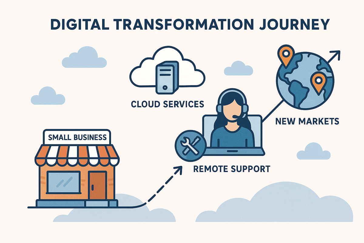 Scalable IT consulting support for business growth with visuals of cloud adoption, remote team setup, and digital expansion.