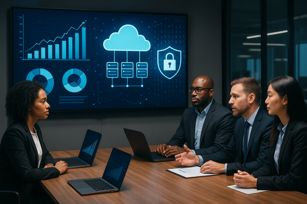 Diverse business team and IT consultants in a modern office discussing digital transformation strategy with cloud and cybersecurity visuals.