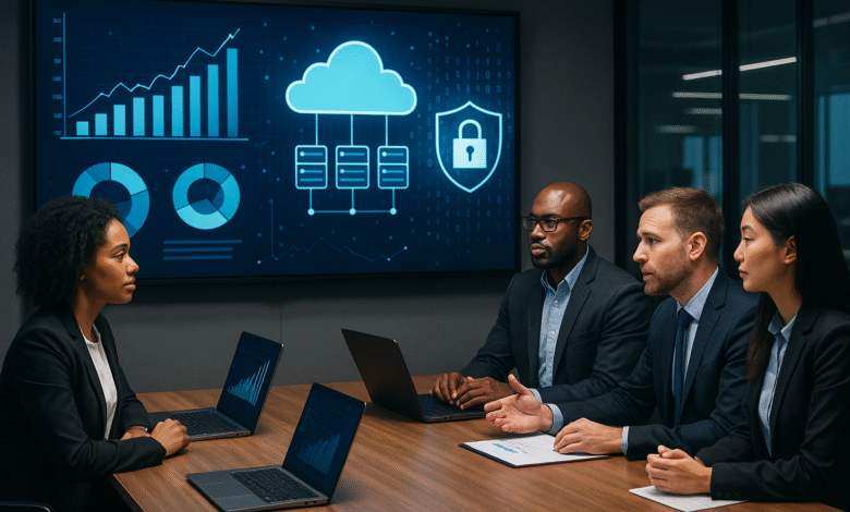 Diverse business team and IT consultants in a modern office discussing digital transformation strategy with cloud and cybersecurity visuals.